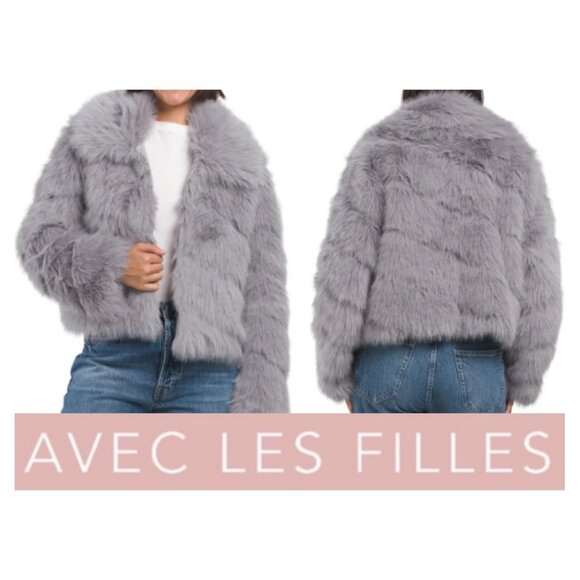 Avec Les Filles Luxurious Faux-Fur Cropped Paneled Coat in Grey Blue sz XS $199 - Picture 1 of 16